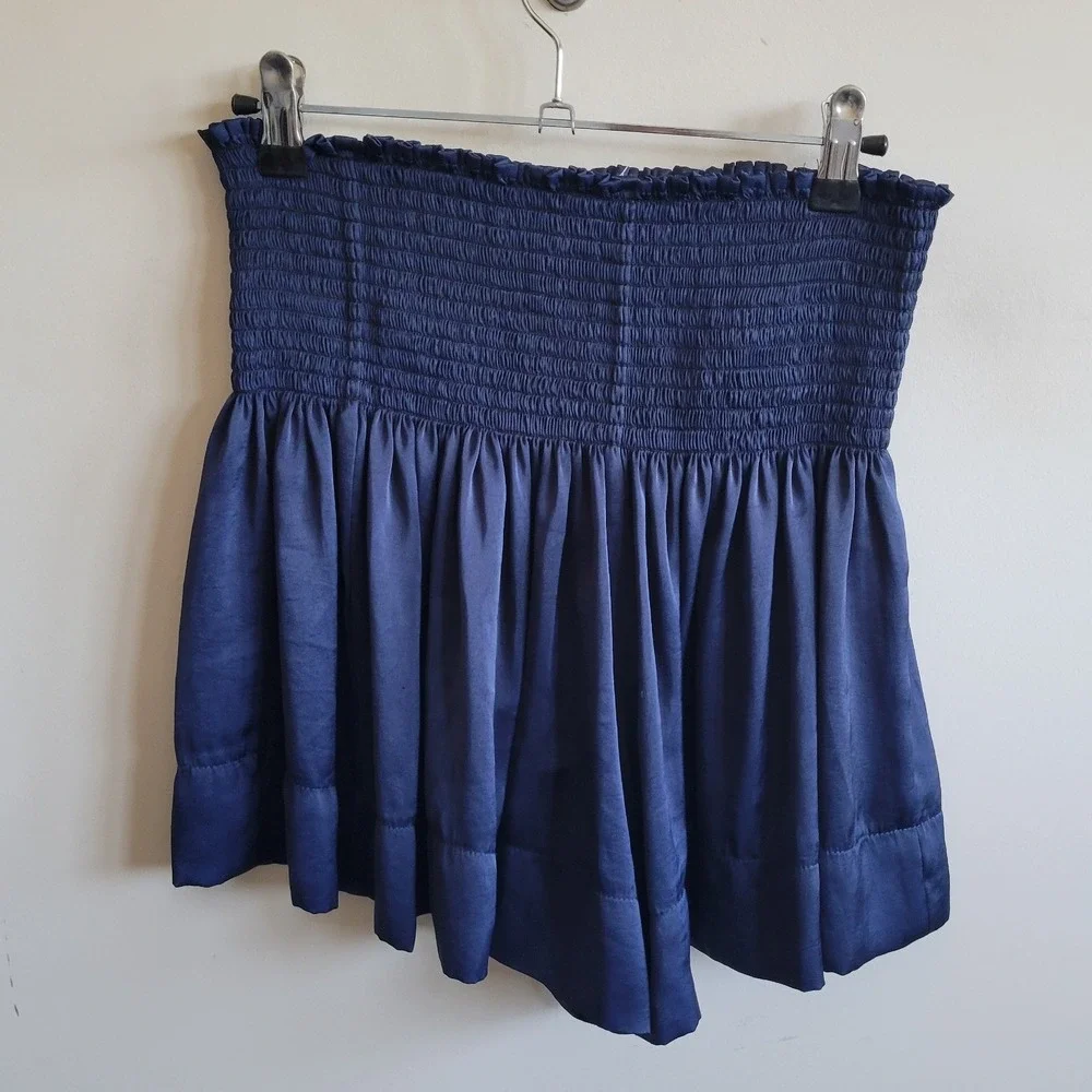 KOCH Erica Skirt Navy Blue Smocked Waist Satin Flared Mini Skirt Small USA Made - Picture 4 of 6